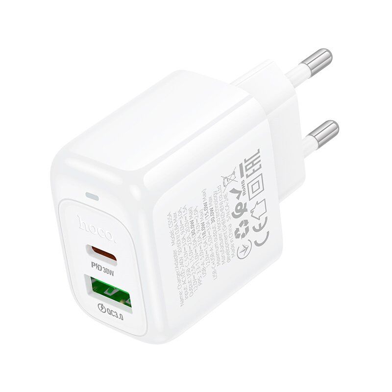 Мережевий зарядний пристрій HOCO CS55A Surplus Type-C PD 30W + USB QC 3.0 без кабелю, білий