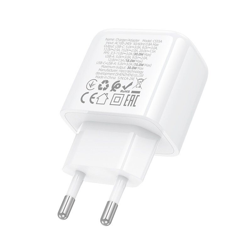 Мережевий зарядний пристрій HOCO CS55A Surplus Type-C PD 30W + USB QC 3.0 без кабелю, білий
