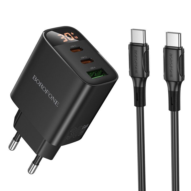 Мережевий зарядний пристрій BOROFONE BA98A TYPE-C*2 PD 30W / USB QC3.0 + кабель TYPE-C - TYPE-C, чорний