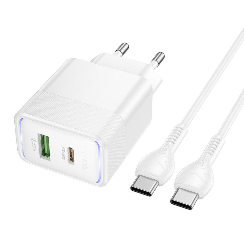 Мережевий зарядний пристрій HOCO CS112A TYPE-C PD 30W / USB QC 3.0 + кабель TYPE-C - TYPE-C, білий