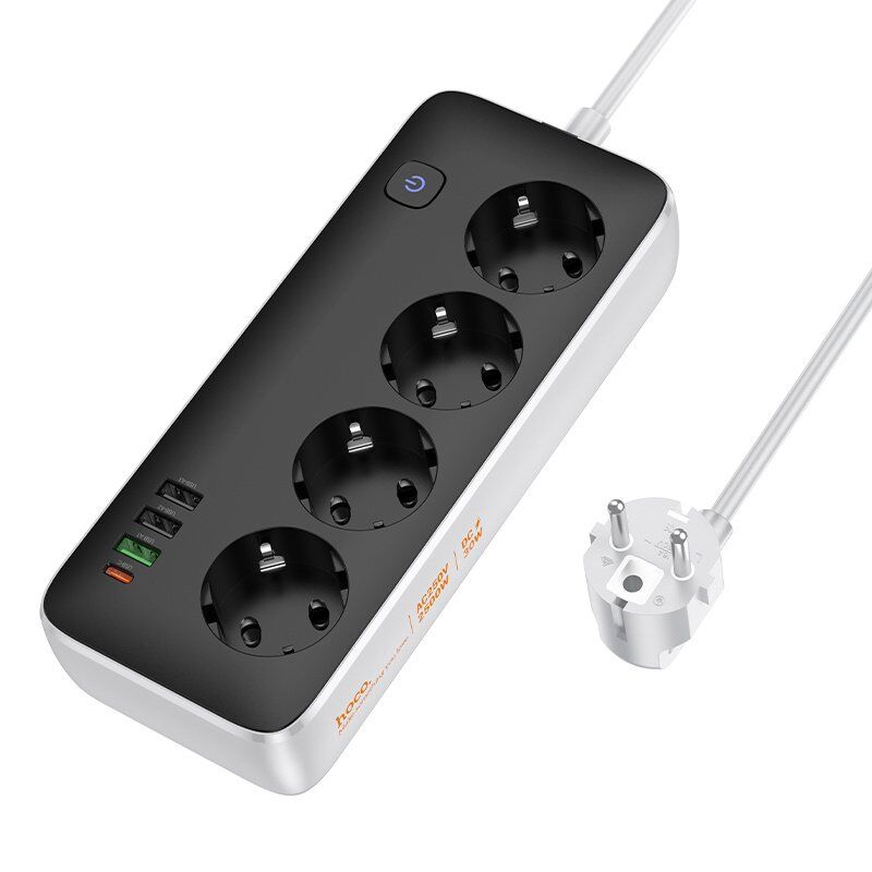 Мережевий подовжувач HOCO AC22 PD 20W (3×USB / 1×Type-C / 4×Socket), 3 м, чорний