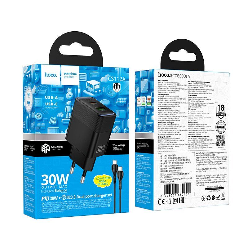 Мережевий зарядний пристрій HOCO CS112A TYPE-C PD 30W / USB QC 3.0 + кабель TYPE-C - TYPE-C, чорний