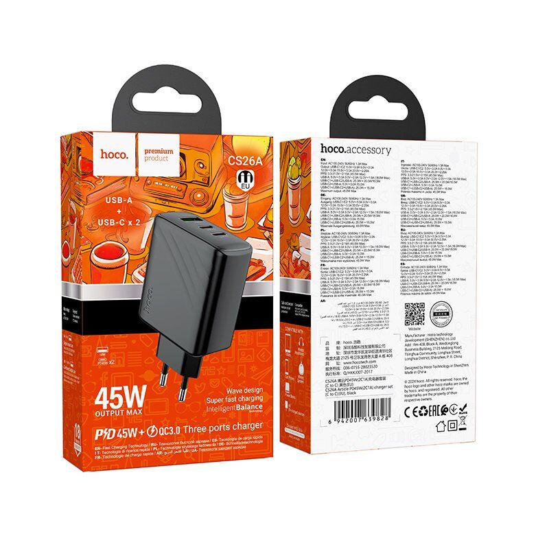 Сетевое зарядное устройство HOCO CS26A Article 2 × Type-C PD 45W + USB QC 3.0 без кабеля, чёрное