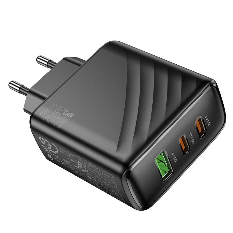 Сетевое зарядное устройство HOCO CS26A Article 2 × Type-C PD 45W + USB QC 3.0 без кабеля, чёрное