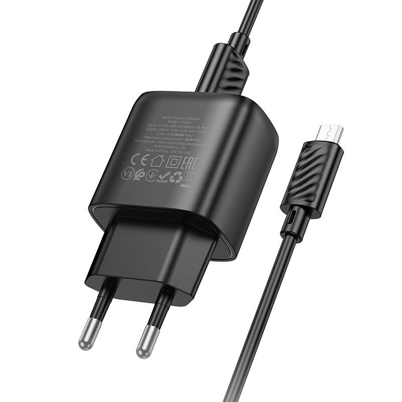Сетевое зарядное устройство HOCO C140A USB QC3.0 18W + кабель USB - MICRO, чорний