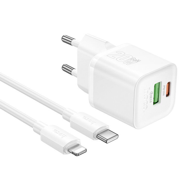 Зарядний пристрій HOCO N65 Ingenious, PD20W + QC3.0, два порти (USB-C + USB-A), комплект з кабелем Type-C to Lightning, EU-вилка, білий