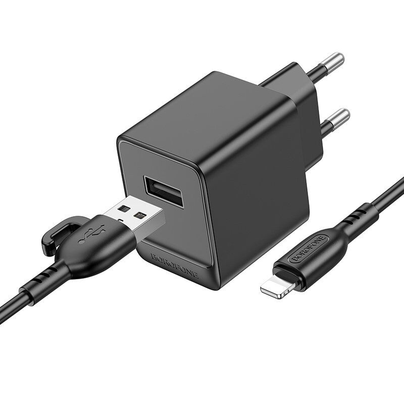 Мережевий зарядний пристрій BOROFONE BAS11A USB 10.5W + кабель USB - LIGHTNING, чорний