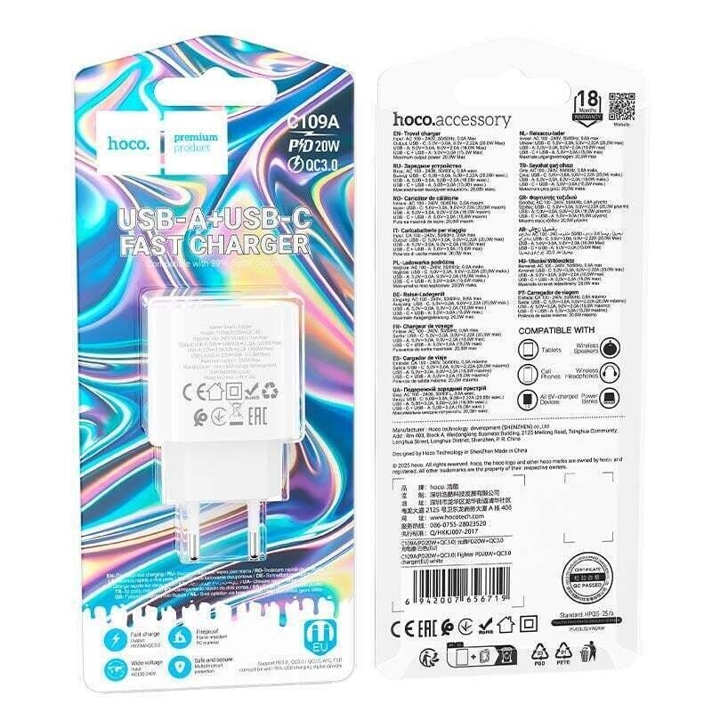 Мережевий зарядний пристрій HOCO C109A PD 20W / USB QC 3.0, білий