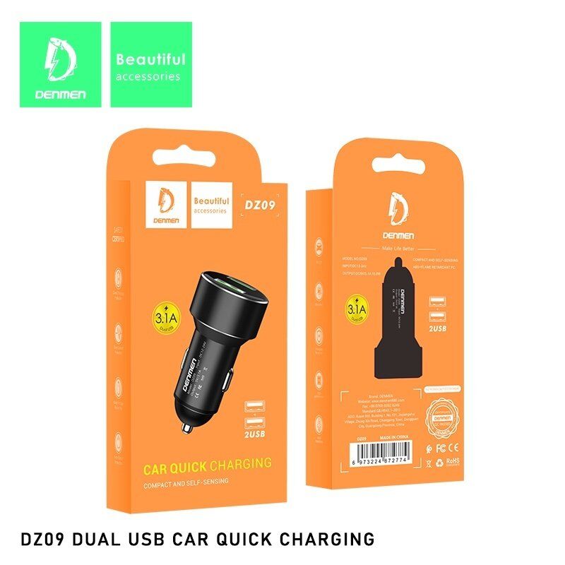 Автомобільний зарядний пристрій DENMEN DZ09 LED LCD 3.1A 2USB PORT СІРИЙ