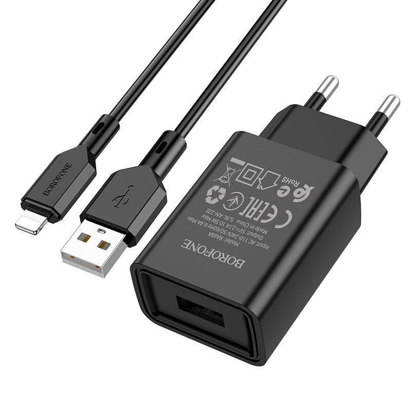 Мережевий зарядний пристрій BOROFONE BA68A Glacier USB 2.1A + кабель USB - LIGHTNING