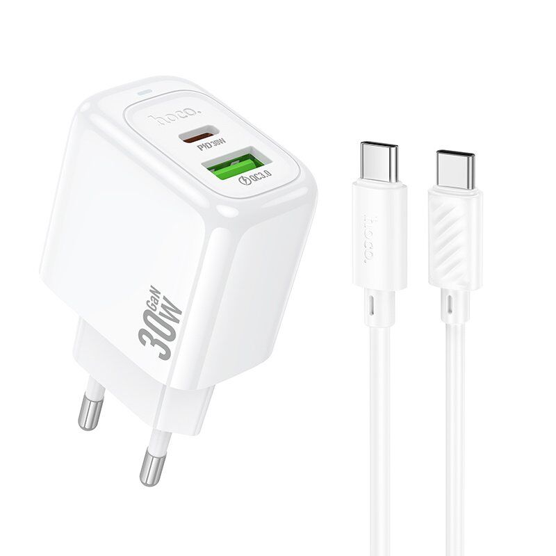 Мережевий зарядний пристрій HOCO CS55A Surplus Type-C PD 30W + USB QC 3.0 + кабель Type-C  -  Type-C, білий