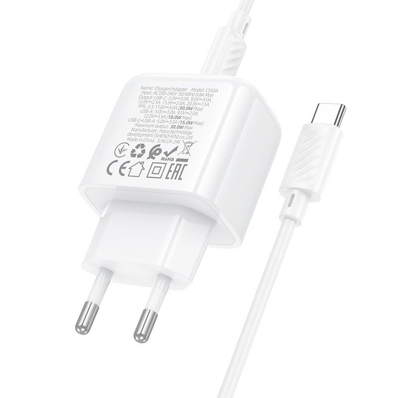 Мережевий зарядний пристрій HOCO CS55A Surplus Type-C PD 30W + USB QC 3.0 + кабель Type-C  -  Type-C, білий