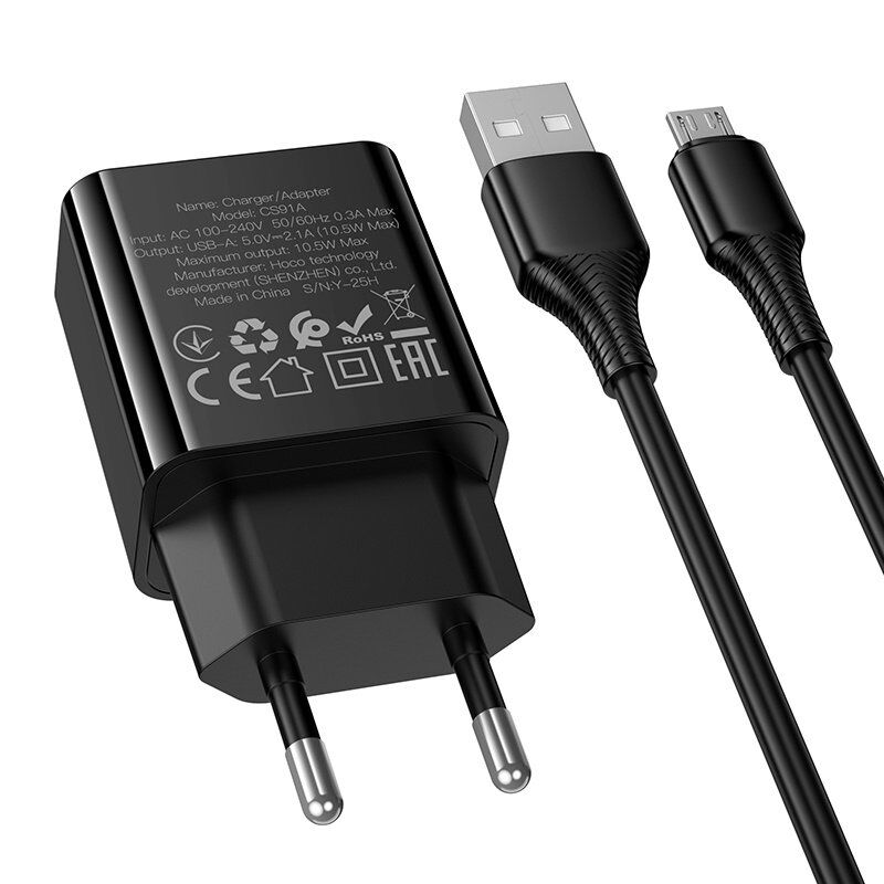 Мережевий зарядний пристрій HOCO CS91A USB 2.1A + кабель USB - Micro-USB 1 м, чорний