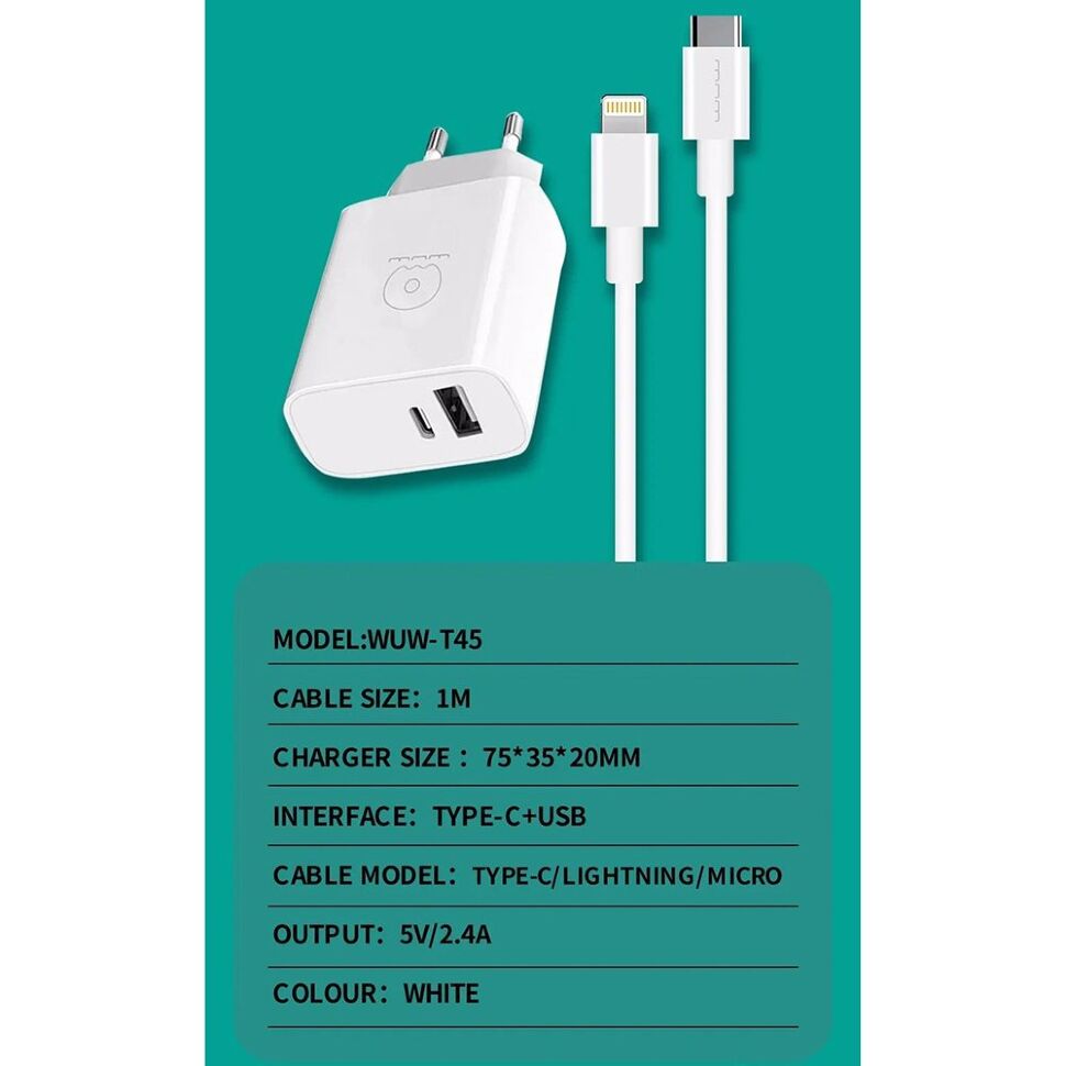 Мережевий зарядний пристрій WUW T45 2.4A + USB Type-C БІЛИЙ (40)