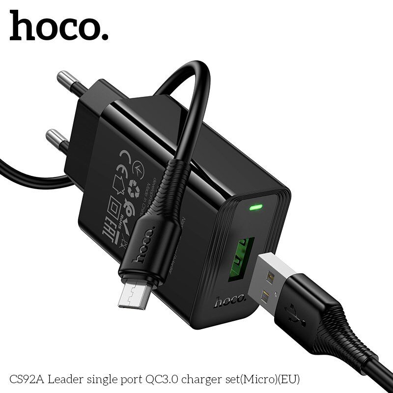 Мережевий зарядний пристрій HOCO CS92A Leader QC3.0 18W + кабель USB  -  Micro-USB, чорний