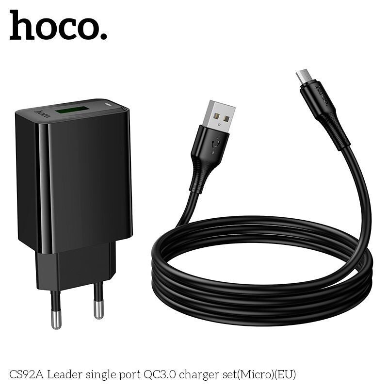Мережевий зарядний пристрій HOCO CS92A Leader QC3.0 18W + кабель USB  -  Micro-USB, чорний