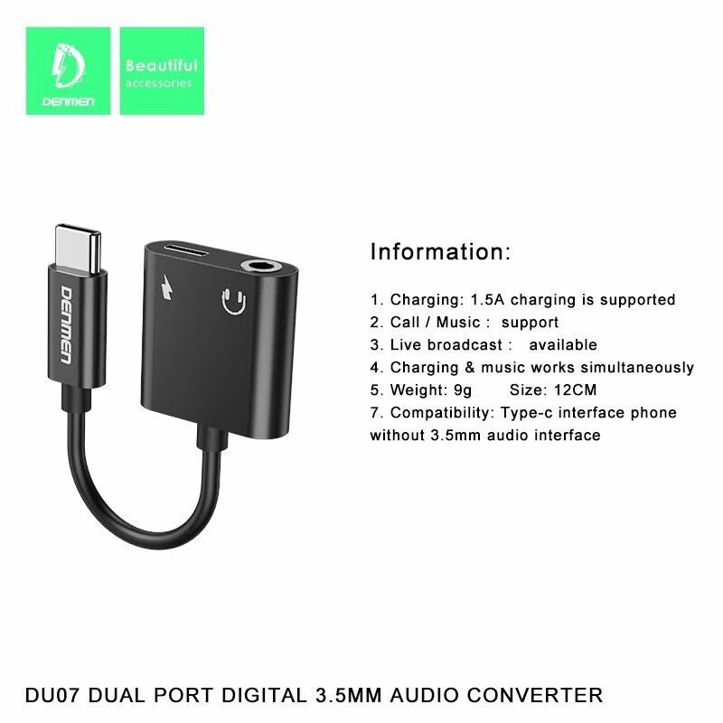 AUX ПЕРЕХІДНИК Denmen DU07 Type-C - jack 3.5 мм + ЗАРЯДКА FOR ANDROID / MAC