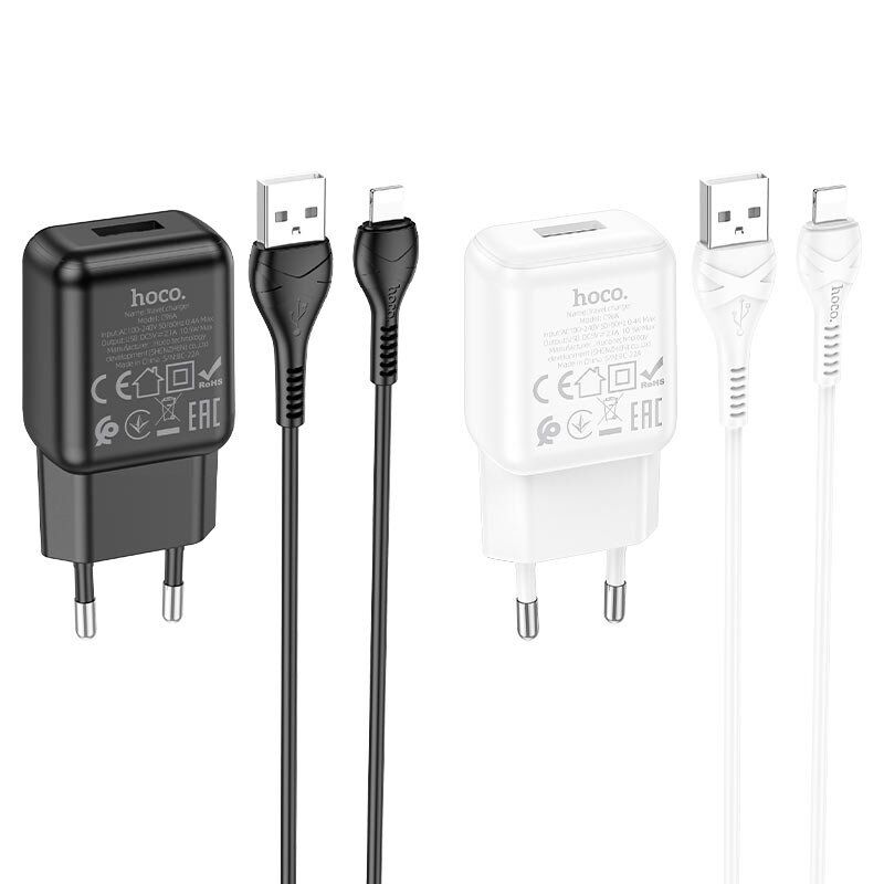 Мережевий зарядний пристрій HOCO C96A USB 2.1A + кабель USB - Lightning, білий