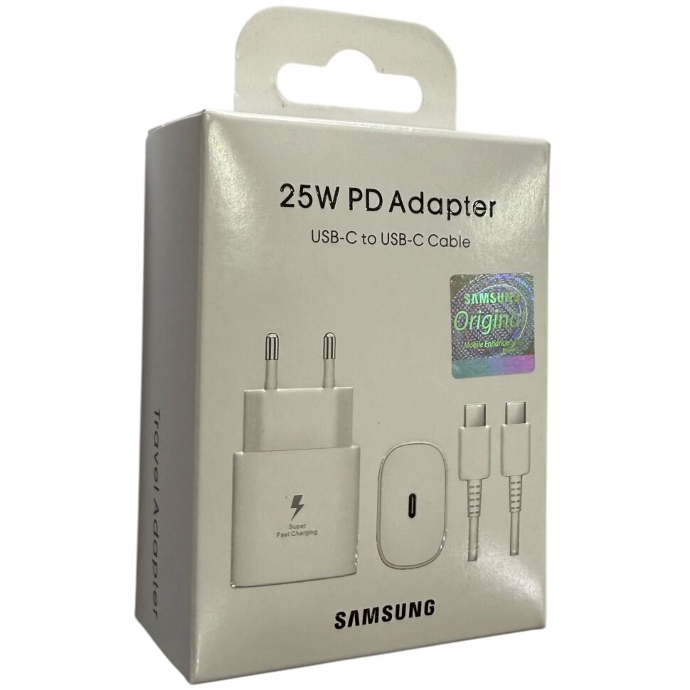 Мережевий зарядний пристрій SAMSUNG PD 2в1 25W (EP-TA800) + кабель TYPE-C - TYPE-C, білий в упаковці (SMALL PACKAGING)