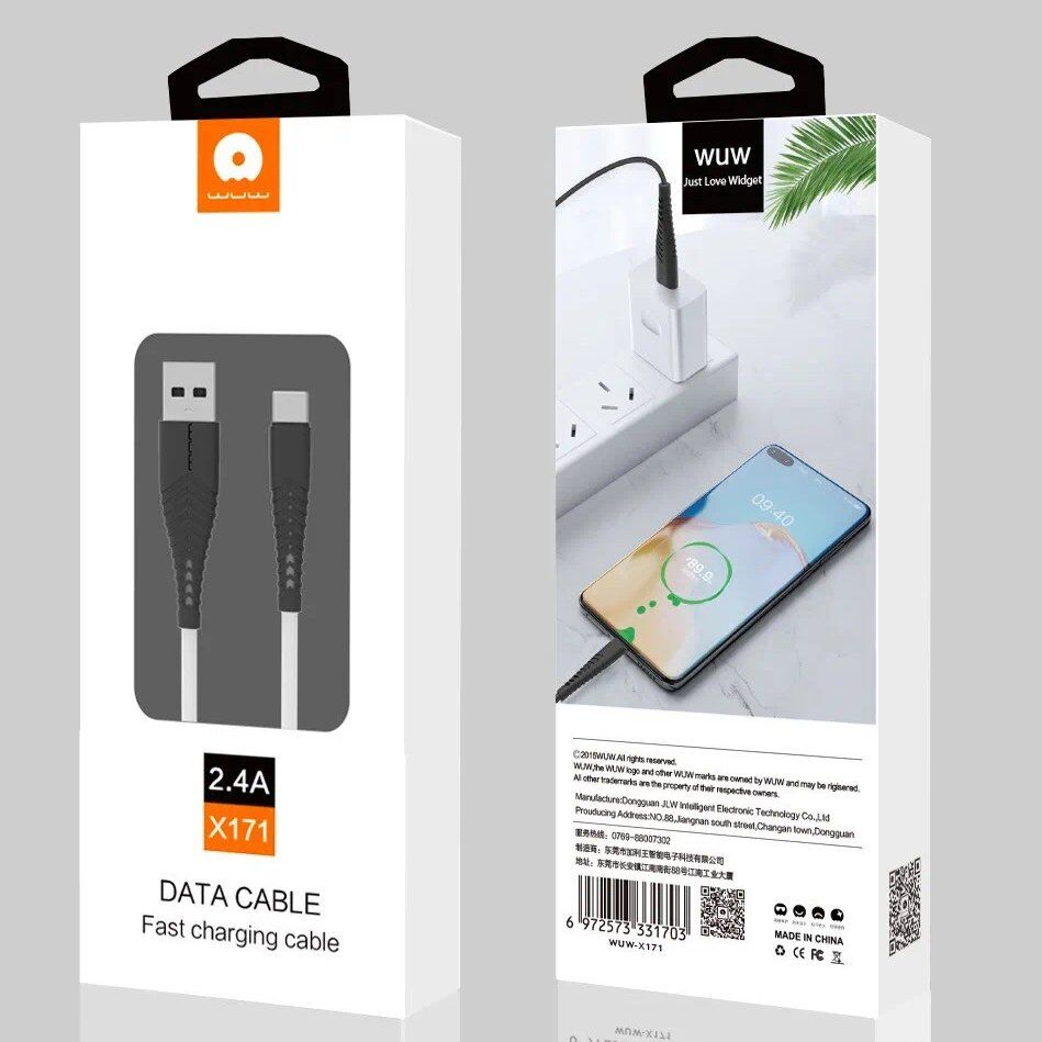 Кабель USB WUW X171 USB - Type-C 2.4A, чорний, м'який силіконовий провід