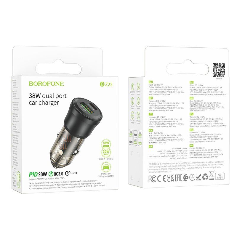 Автомобильное зарядное устройство BOROFONE BZ25 TYPE-C PD 38W / USB QC3.0, черный