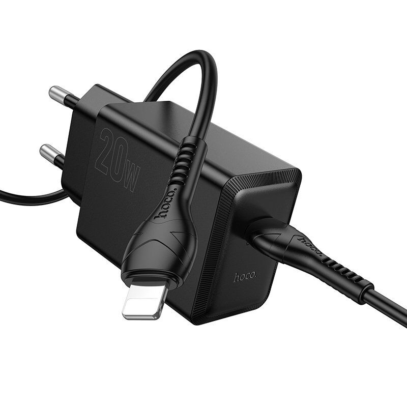 Зарядний пристрій HOCO N68 Nuevo, 20 Вт PD, один USB-C порт, комплект з кабелем Type-C to Lightning, EU-вилка, чорний