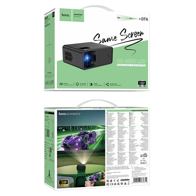 Бездротовий проектор HOCO DT6 720P / Wi-Fi 2.4/5 ГГц / Bluetooth 5.1 / Screen Mirroring, чорний