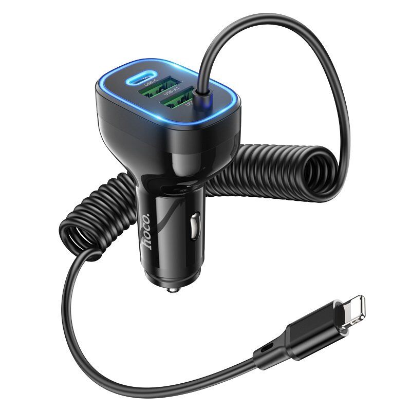 Автомобільний зарядний пристрій HOCO NZ11A TYPE-C PD 30W / 2USB + вбудований кабель Lightning, чорний