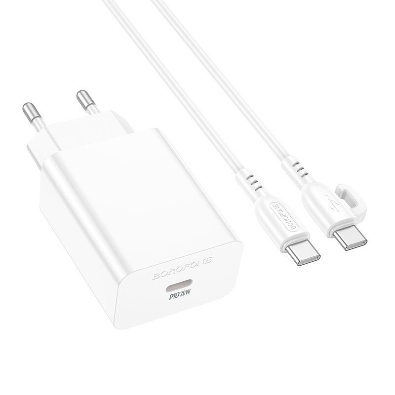 Мережевий зарядний пристрій BOROFONE BA21A PRO TYPE-C PD 20W + кабель TYPE-C - TYPE-C, БІЛИЙ