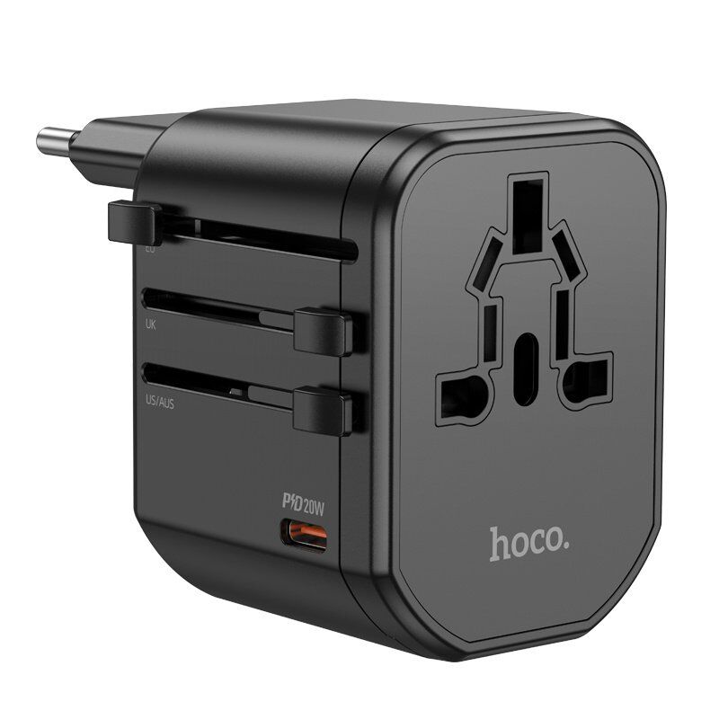 Універсальний мережевий адаптер HOCO AC15 Walker PD 20W + 2×USB QC3.0 / EU-US-UK-AU, чорний