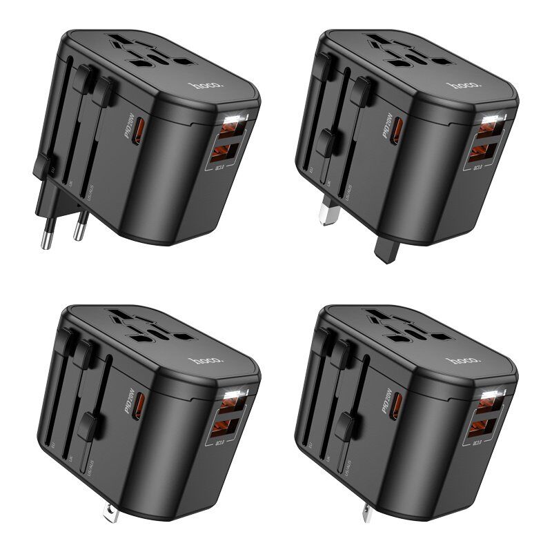 Універсальний мережевий адаптер HOCO AC15 Walker PD 20W + 2×USB QC3.0 / EU-US-UK-AU, чорний