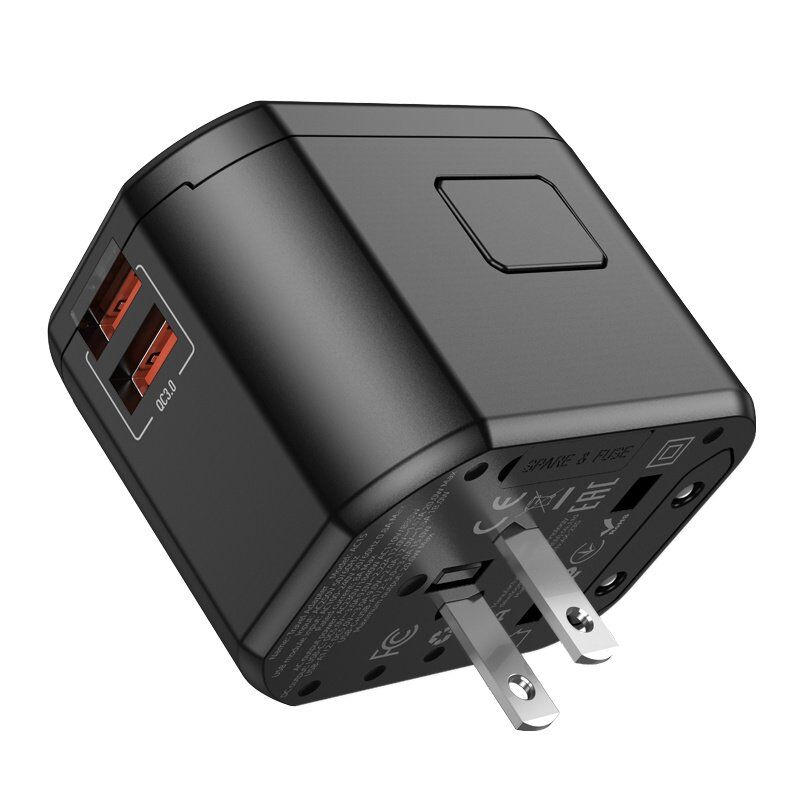 Універсальний мережевий адаптер HOCO AC15 Walker PD 20W + 2×USB QC3.0 / EU-US-UK-AU, чорний