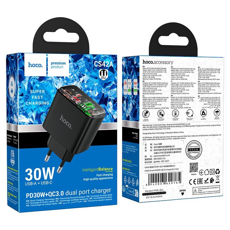 Мережевий зарядний пристрій HOCO CS42A TYPE-C PD 30W + USB QC 3.0, чорний