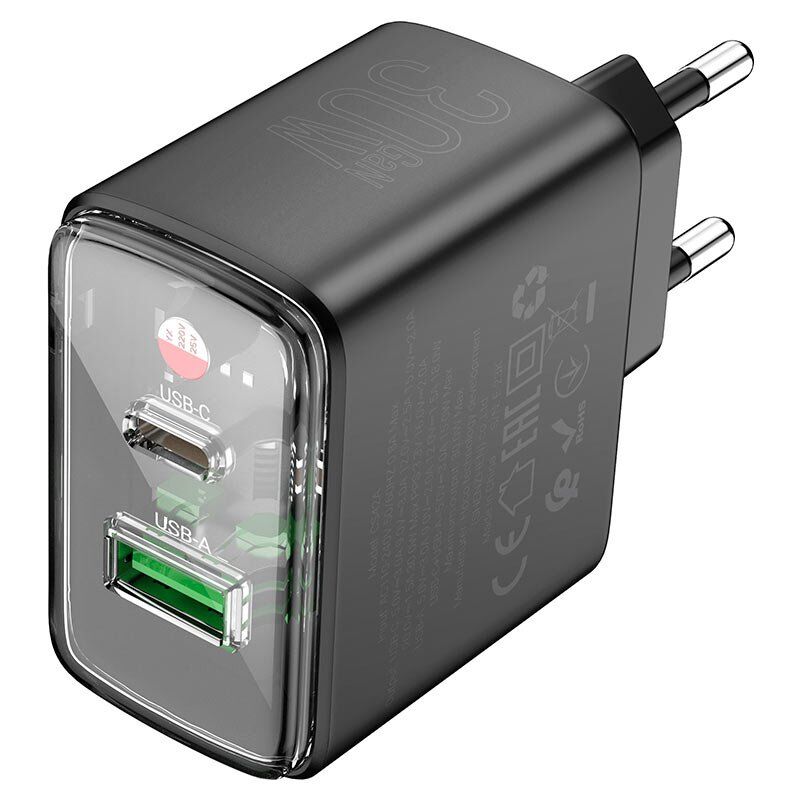 Мережевий зарядний пристрій HOCO CS42A TYPE-C PD 30W + USB QC 3.0, чорний