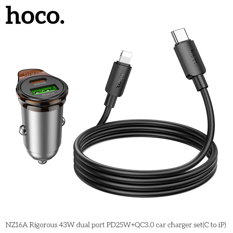 Автомобільний зарядний пристрій HOCO NZ16A Rigorous 43W PD25W + QC3.0 з кабелем Type-C to Lightning, чорний