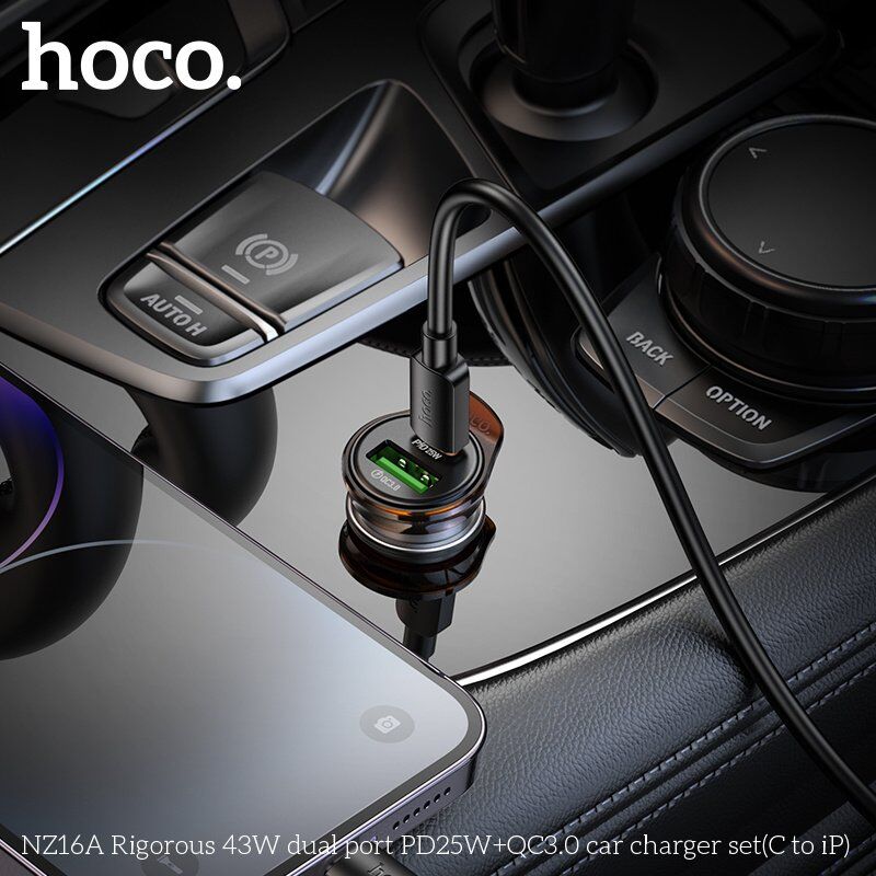 Автомобільний зарядний пристрій HOCO NZ16A Rigorous 43W PD25W + QC3.0 з кабелем Type-C to Lightning, чорний