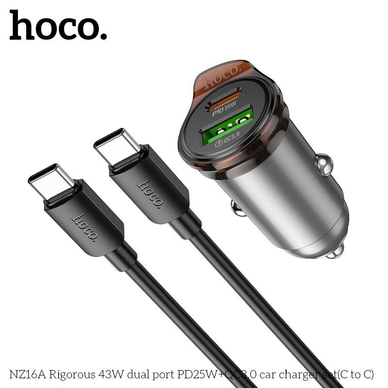Автомобільний зарядний пристрій HOCO NZ16A Rigorous 43W PD25W + QC3.0 з кабелем Type-C to Type-C, сірий