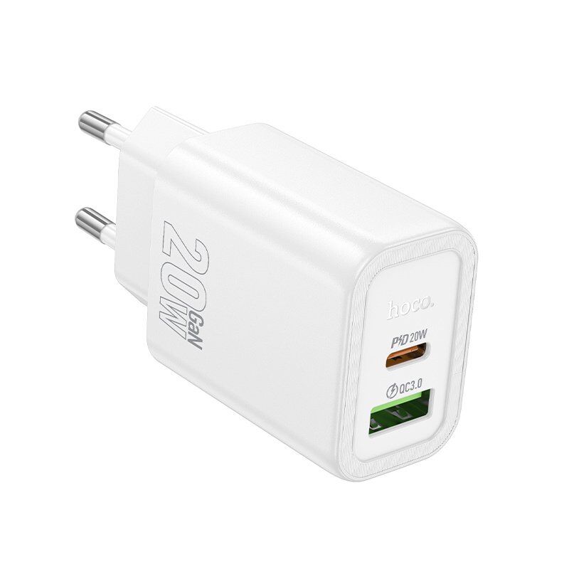 Мережевий зарядний пристрій HOCO N61 Gentle TYPE-C PD 20W + USB QC 3.0 + кабель TYPE-C - TYPE-C, білий