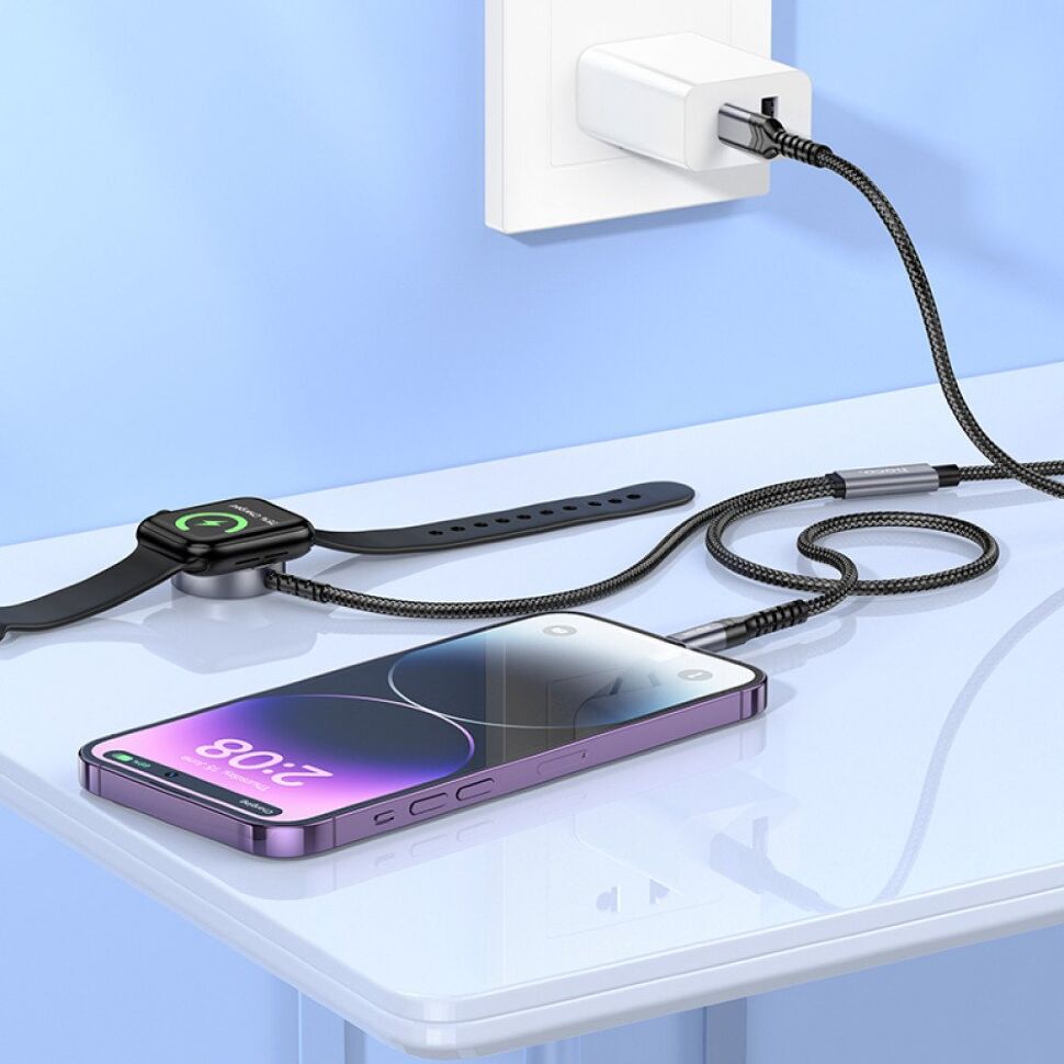 USB-C кабель HOCO CW54 2в1 Apple Watch cable +  ligtning cable, 1.20 метри, чорний