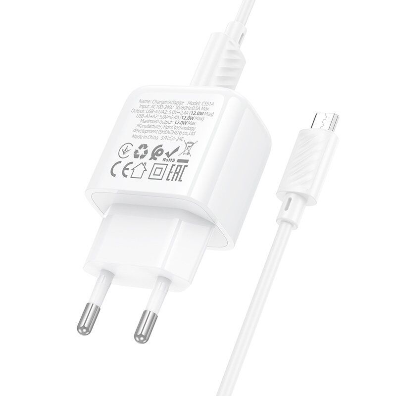 Мережевий зарядний пристрій HOCO CS51A 2USB 2.4A + кабель USB - MICRO, білий