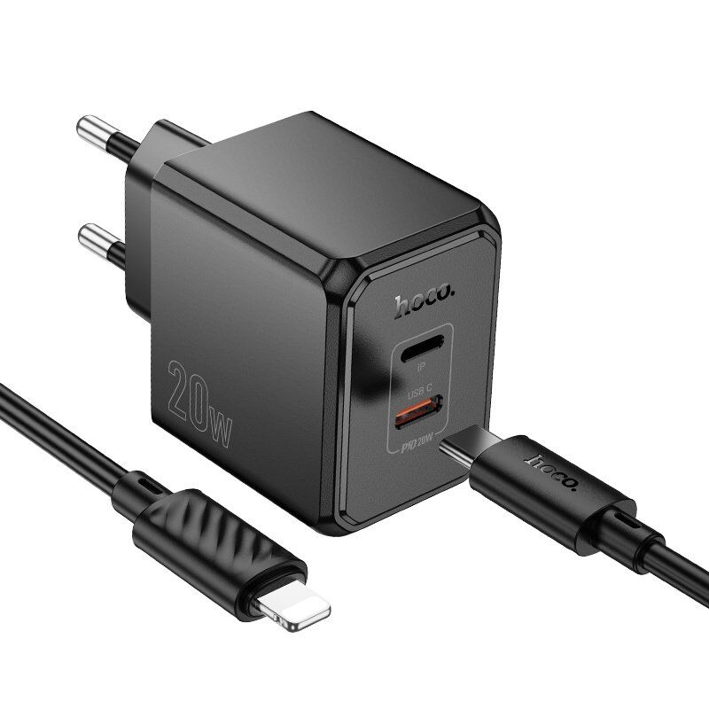 Мережевий зарядний пристрій HOCO CS16A Wish PD 20W TWO-WAY Type-C / Lighning + кабель TYPE-C - Lightning, чорний