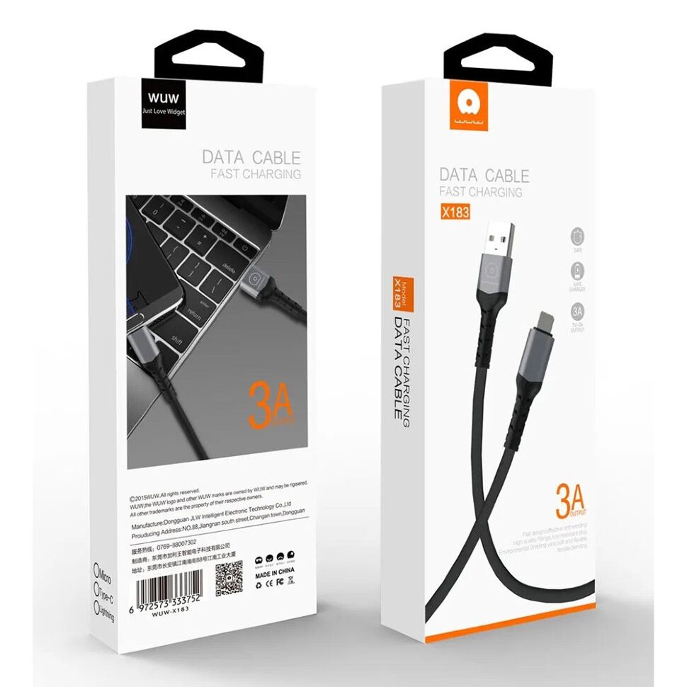 Кабель USB WUW X183 USB - Lightning 3A Тканина/метал чорний