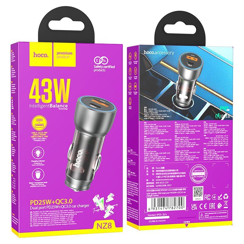 Автомобільний зарядний пристрій HOCO NZ8 43W TYPE-C PD 25W + USB QC 3.0 18W, КОРИЧНЕВИЙ
