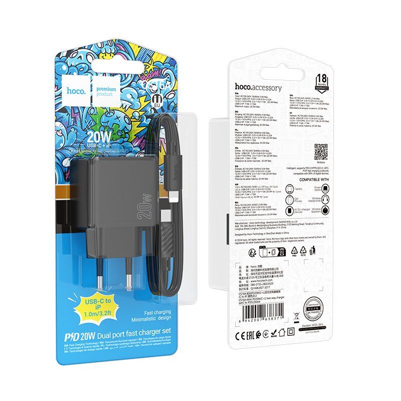 Мережевий зарядний пристрій HOCO CS16A Wish PD 20W TWO-WAY Type-C / Lighning, чорний