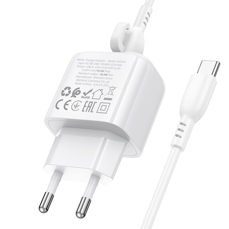 Мережевий зарядний пристрій BOROFONE BAS42A USB QC3.0 + кабель USB - TYPE-C, білий