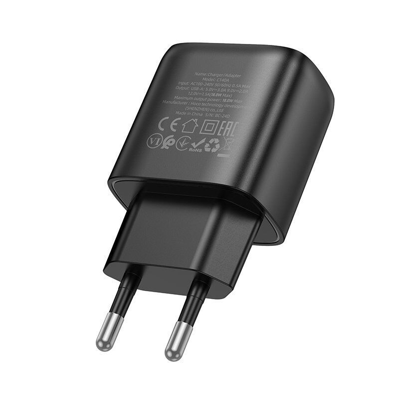 Мережевий зарядний пристрій HOCO C140A USB QC3.0 18W, чорний