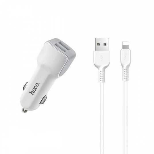 Автомобільний зарядний пристрій HOCO Z23 2USB 2.4A + кабель USB - Lightning, білий