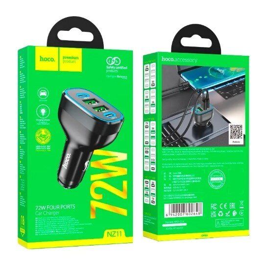 Автомобільний зарядний пристрій HOCO NZ11 72W 2 Type-C PD + 2 USB-A QC3.0