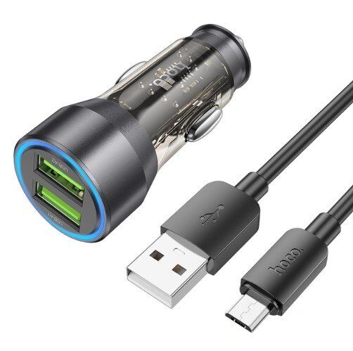 Автомобільний зарядний пристрій HOCO NZ12 36W 2 USB QC3.0 + кабель USB - MICRO, ЧОРНИЙ