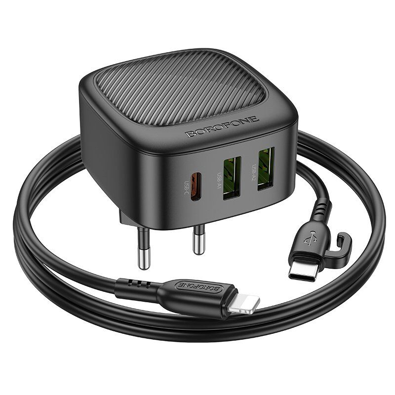 Мережевий зарядний пристрій Borofone BAS23A Type-C PD 30W 2*USB + кабель Type-C - Lightning, чорний